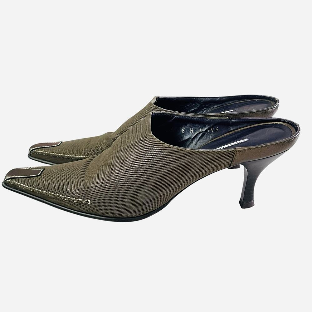 Donald J Pliner Lian Heels Mules 8 N Fabric Leather Point Toe Metallic Olive